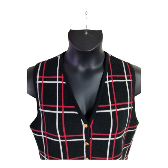 Liz Baker Sz Medium Black red white and Gold button down cotton sweater vest - Picture 5 of 13